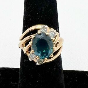 18k HGE Blue Jewel and Rhinestone Studded Gold Tone Ring - Size 6.5